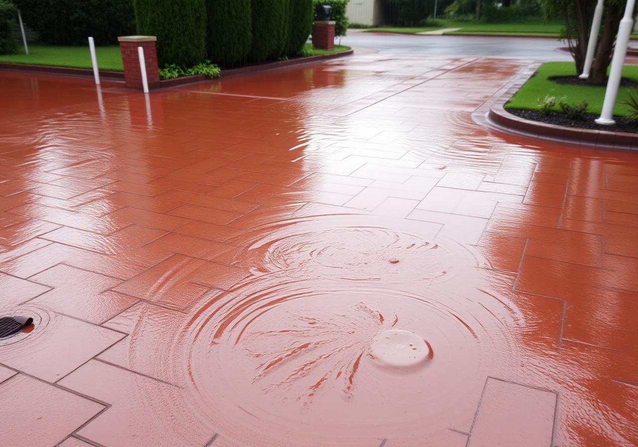 Flooded paved driveway in Perth after heavy rain