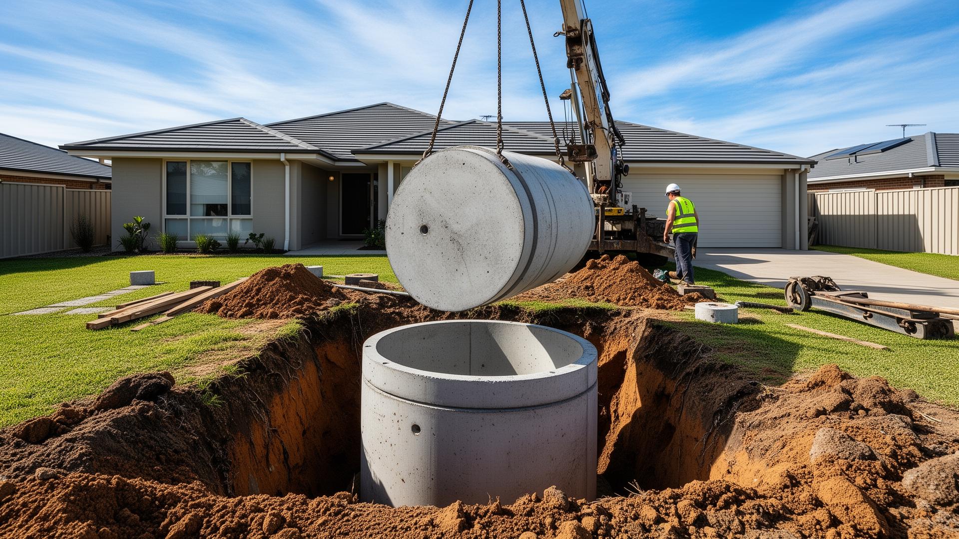 Concrete soakwell being installed in front yard of a Perth home